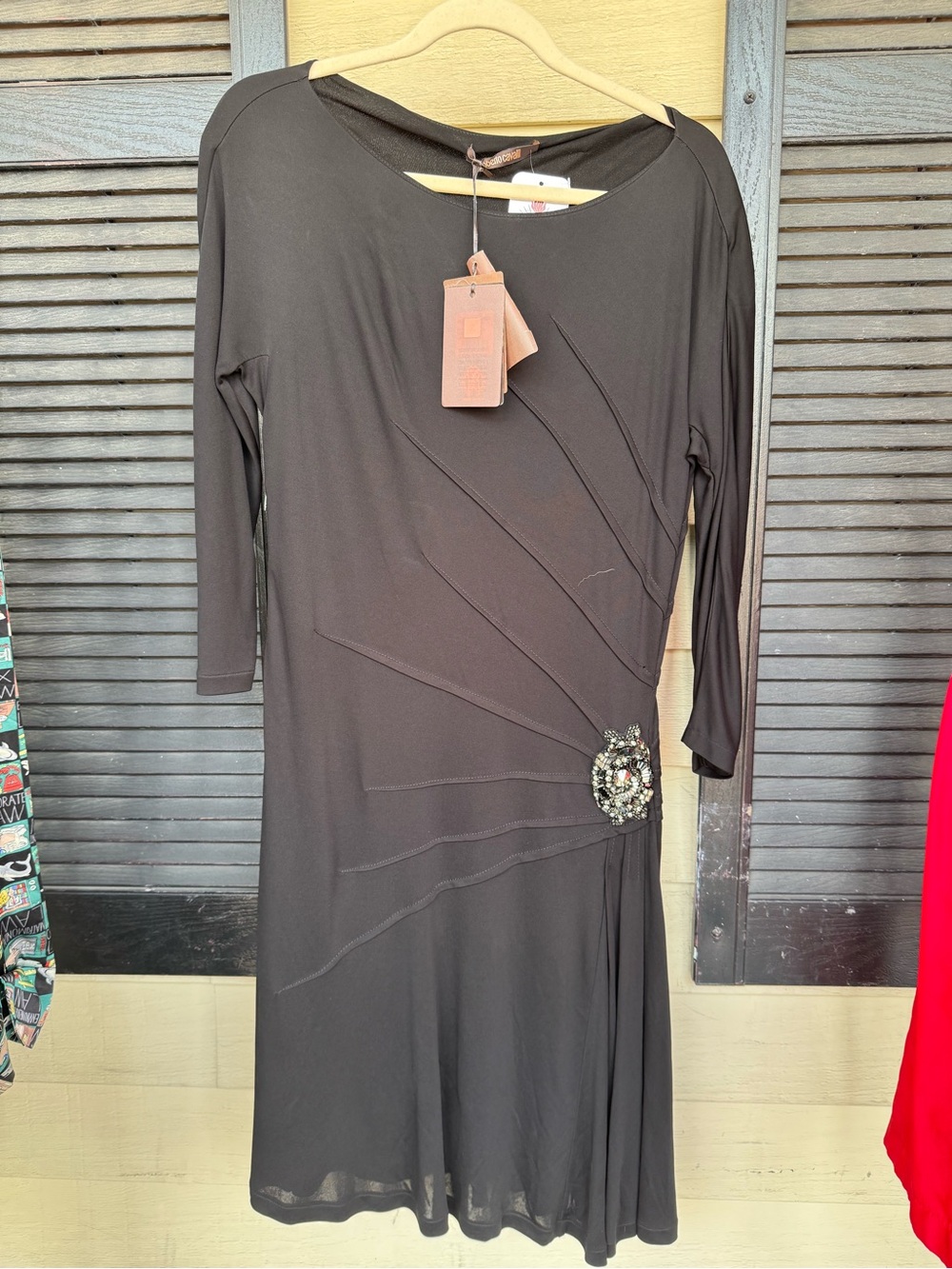 Roberto Cavalli Black Midi Dress with Embellished Accent
